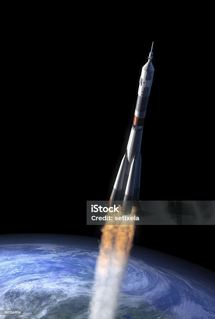 Soyuz. espaço rúcula e terra islolated em preto - Foto de stock de Decolar - Atividade royalty-free