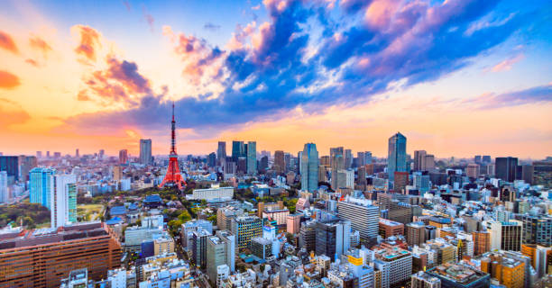cityscapes tokyo, japan skyline with the tokyo tower - tokyo prefecture city skyline night imagens e fotografias de stock
