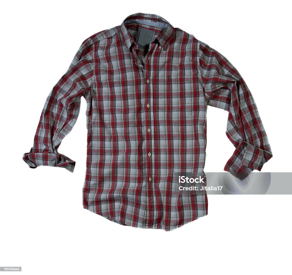 赤とグレーの格子縞シャツをロールスリーブ、白背景 - くつろぐのロイヤリティフリーストックフォト