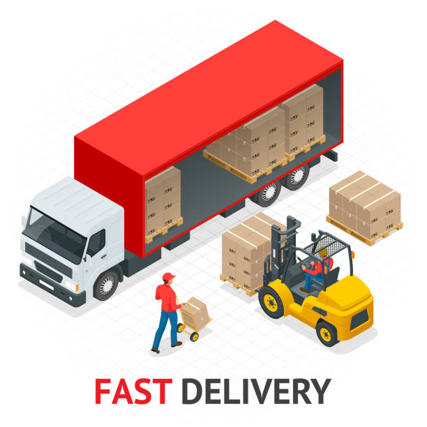 ilustrações, clipart, desenhos animados e ícones de serviço de entrega e carregamento isométrico. transporte rápido e gratuito. palete com caixas e processo de entrega na loja ilustração em vetor. - distribution warehouse forklift freight transportation pallet