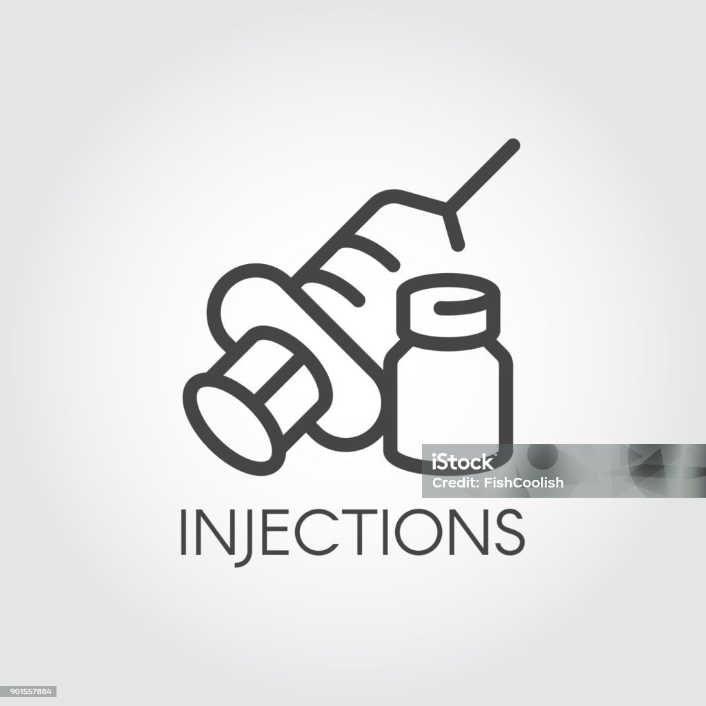 Injection icon. Contour syringe sign with needle and medication. Medical symbol, vaccination, treatment concept Injection icon drawing in outline style. Contour syringe sign with needle and medication. Medical symbol, vaccination, treatment concept. Web button or symbol for websites and mobile apps. Vector Vaccination stock vector