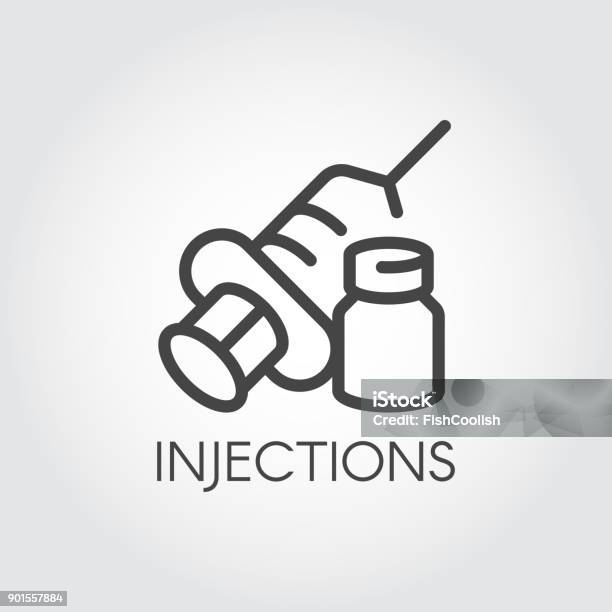 Injection Icon Contour Syringe Sign With Needle And Medication Medical Symbol Vaccination Treatment Concept Stock Illustration - Download Image Now