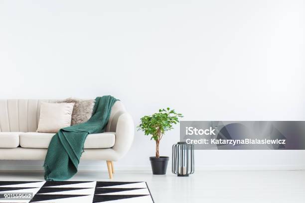 Sofa Against Empty Wall Stock Photo - Download Image Now - Sofa, Home Showcase Interior, Blanket