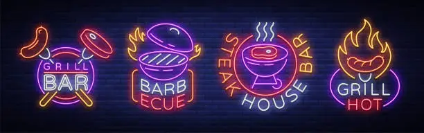 Vector illustration of Grill is a set of neon-style symbols. Vector illustration on the theme of food, meat of the same. Collection of neon signs, Grill bar, restaurant, snack bar, dining room. Barbecue, Steak House