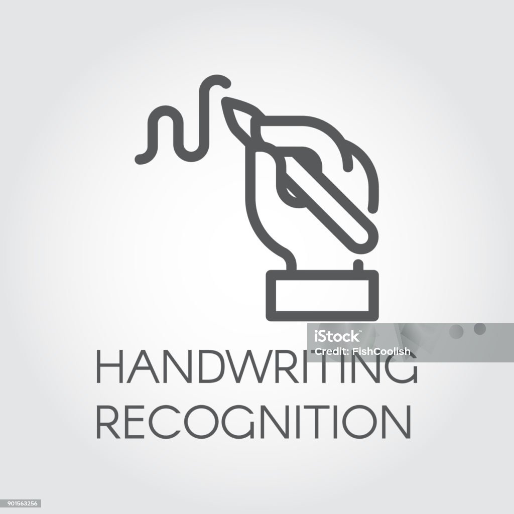 Handwriting recognition line icon. Hand holding pen and writing signature, image drawn in outline style. Linear label Handwriting recognition line icon. Hand holding pen and writing signature, image drawn in outline style. Conclusion contract or modern authentication technology concept. Graphic linear label Icon Symbol stock vector