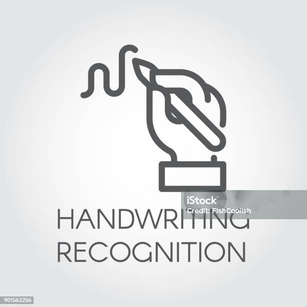 Handwriting Recognition Line Icon Hand Holding Pen And Writing Signature Image Drawn In Outline Style Linear Label Stock Illustration - Download Image Now