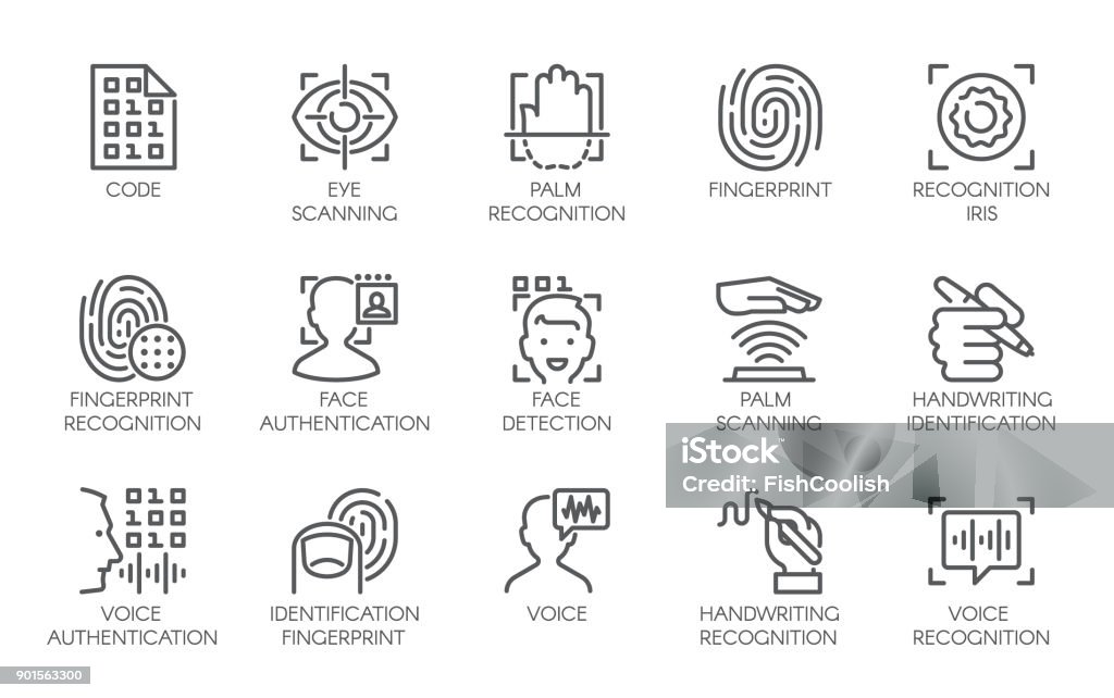 Line icons of identity biometric verification. 15 label of authentication technology in mobile phones and other devices Line icons of identity biometric verification sign. 15 web label of authentication technology in mobile phones, smartphones and other devices. Vector symbol or button isolated on white background Icon Symbol stock vector