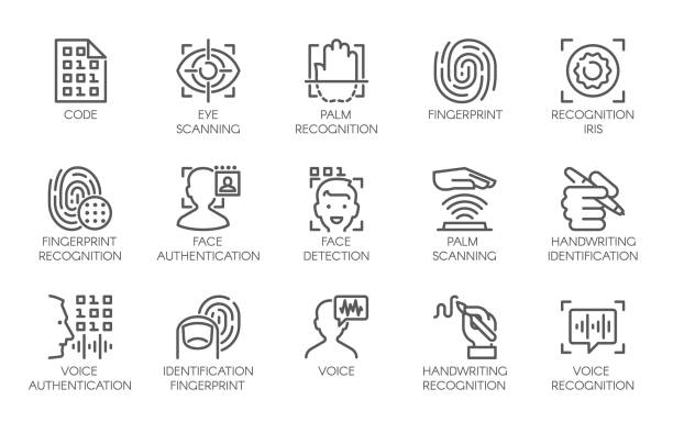 Line icons of identity biometric verification. 15 label of authentication technology in mobile phones and other devices Line icons of identity biometric verification sign. 15 web label of authentication technology in mobile phones, smartphones and other devices. Vector symbol or button isolated on white background biometrics stock illustrations