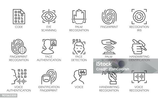 Line Icons Of Identity Biometric Verification 15 Label Of Authentication Technology In Mobile Phones And Other Devices Stock Illustration - Download Image Now