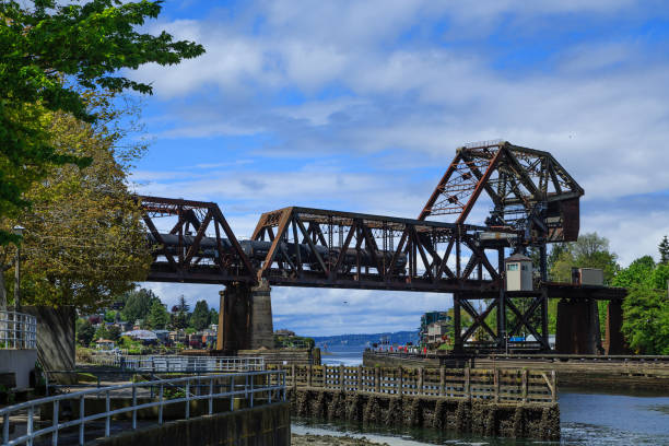 Steel Bridge Near Ballard Locks Steel Bridge Near Ballard Locks in Seattle ballard-seattle stock pictures, royalty-free photos & images