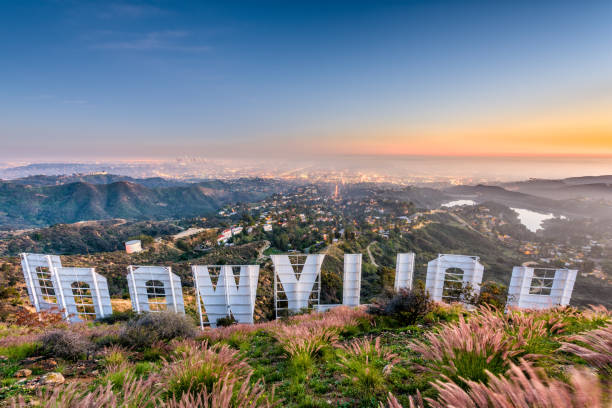 Hollywood Sign in LA Los Angeles: The Hollywood sign overlooking Los Angeles. The iconic sign was originally created in 1923. griffith park photos stock pictures, royalty-free photos & images