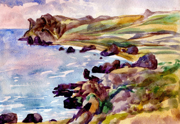 istock seascape. Watercolor painting. Mountains 901566388