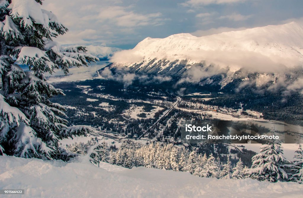 White Landscapes A snow covered white landscape in Anchorage,  Alaska in the town of Girdwood high Alaskan snow covered Mountains in winter wonderland Anchorage - Alaska Stock Photo