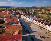 Aerial panorama of old town Telc, Southern Moravia, Czech Republic