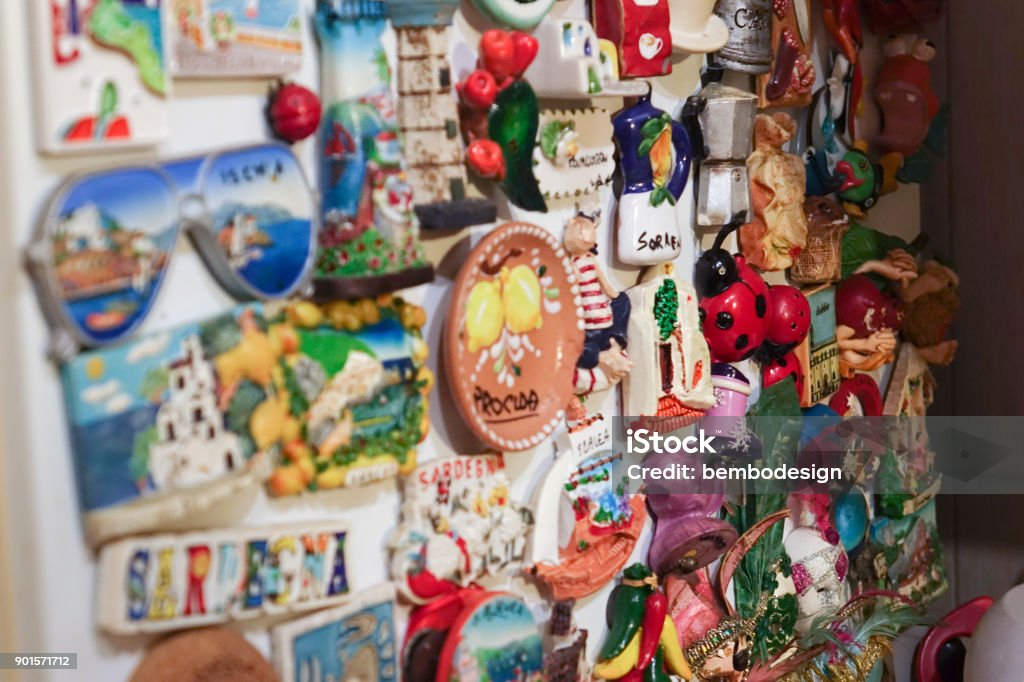 Magnets from around the world on the refrigerator Magnet Stock Photo