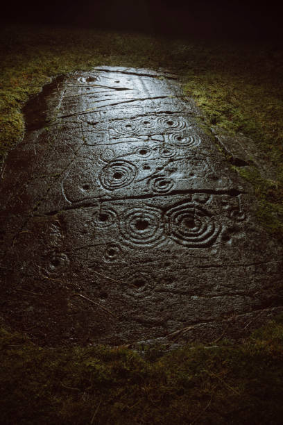 Cup and ring markings carved into rock outcrops in the Scottish landscape in Argyll. Carved in the Neolithic and Bronze Age eras, the meaning of the prehistoric art is unknown.
