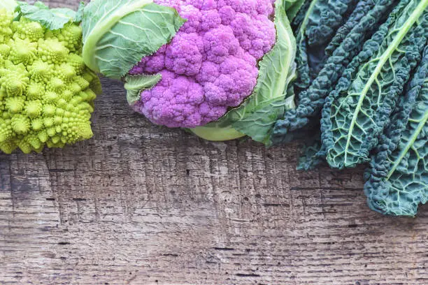 Photo of Rustik still life with various kinds of cabbage and copy space. Romanesco, Violet Cauliflower and Tuscan  lacinato