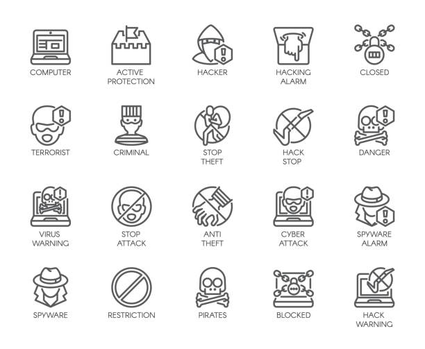 Linear icons of virtual protection, cyberattacks, computer viruses, hacking, stealing and piracy theme . Contour symbols of web protection and warnings. 20 outline vector pictographs isolated on white Linear icons of virtual protection, cyberattacks, computer viruses, hacking, stealing and piracy theme . Contour symbols of web protection and warnings. 20 outline vector pictographs isolated on white pirate criminal illustrations stock illustrations