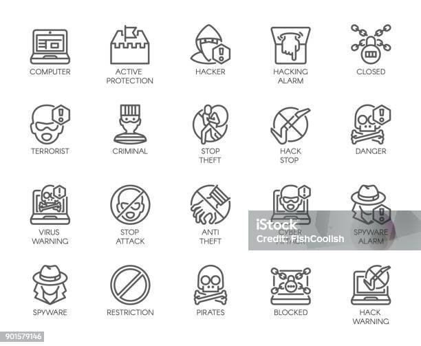 Linear Icons Of Virtual Protection Cyberattacks Computer Viruses Hacking Stealing And Piracy Theme Contour Symbols Of Web Protection And Warnings 20 Outline Vector Pictographs Isolated On White Stock Illustration - Download Image Now