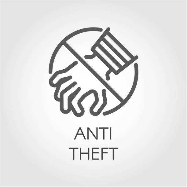 Anti theft icon drawing in line style. Stop feeders, thieves, burglars concept outline label. Crossed out sign of hand Anti theft icon drawing in line style. Stop feeders, thieves, burglars concept outline label. Crossed out sign of hand. Security button, protection symbol against criminal attacks. Vector illustration stealing stock illustrations