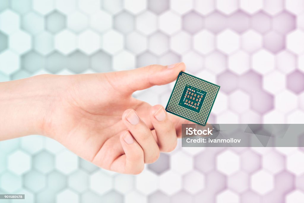 Chip Computer Hand Hand Holding Computer Processor Chip On Light Hexagon Background Stock ...