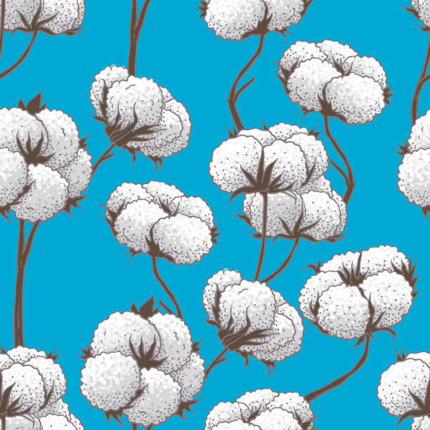 Vector seamless pattern of cotton on a blue background. Vintage stippling style art. Use for textile, wrapping paper, cosmetic package, store advertisement and other design.