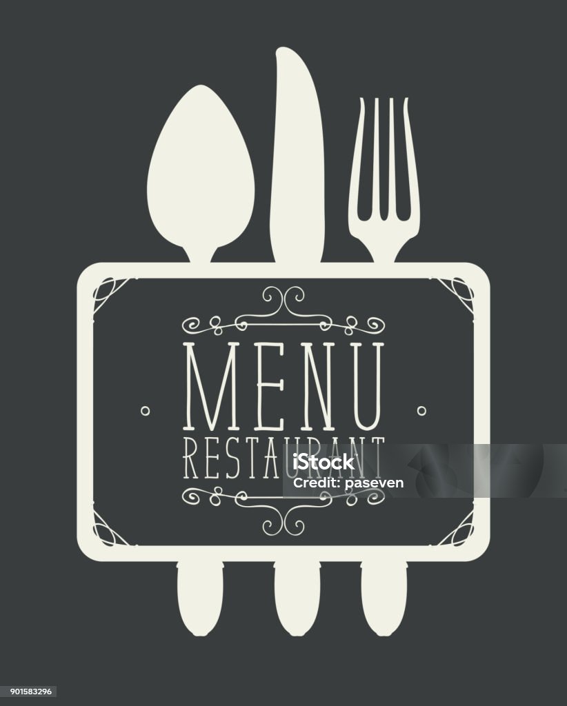 banner for a restaurant menu with cutlery Template vector restaurant menu with Cutlery and inscriptions in curly frame in retro style Restaurant stock vector