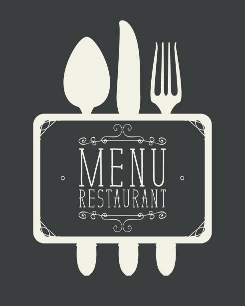 banner for a restaurant menu with cutlery Template vector restaurant menu with Cutlery and inscriptions in curly frame in retro style lunch borders stock illustrations