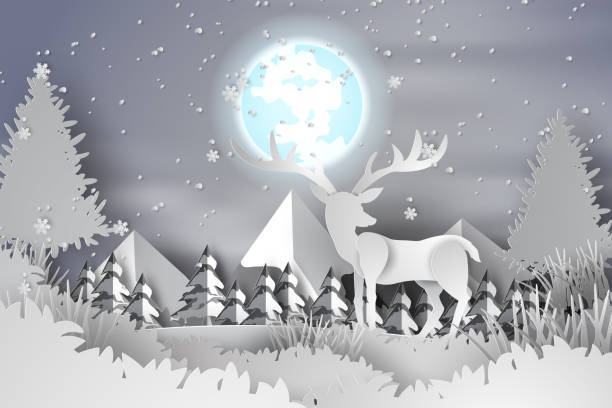 istock Paper art of deer in the forest lanscape snow with full moon,hill,vector 901591736