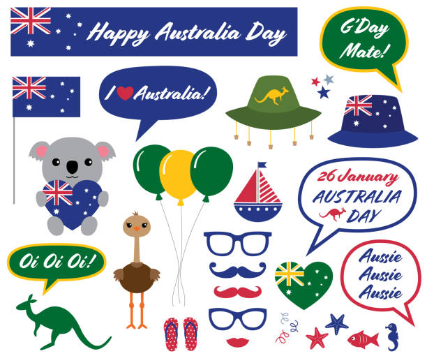 호주의 날 사진 부스 소품과 디자인 요소 - koala australian culture cartoon animal stock illustrations