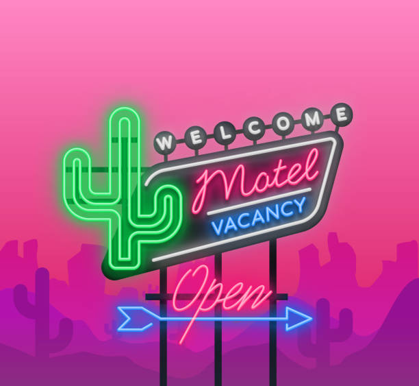 Motel is a light billboard. Neon signboard with Motel advertisement, retro signboard, bright luminous banner, neon sign, neon billboard for your projects. Vector illustration Motel is a light billboard. Neon signboard with Motel advertisement, retro signboard, bright luminous banner, neon sign, neon billboard for your projects. Vector illustration. roadside motel stock illustrations