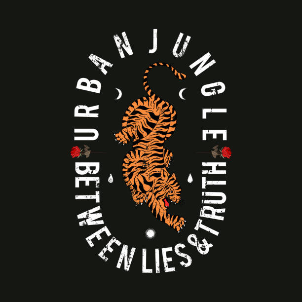 Urban jungle slogan. Tiger with roses. Rock and roll patch. Typography graphic print, fashion drawing for t-shirts. Vector stickers,print, patches vintage
