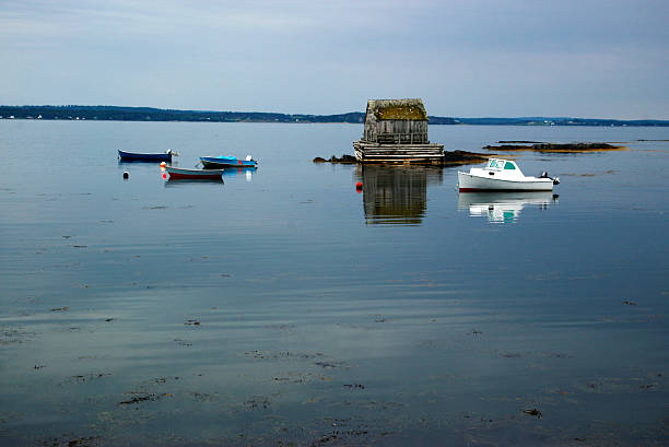 boats and fishing shack stock photo