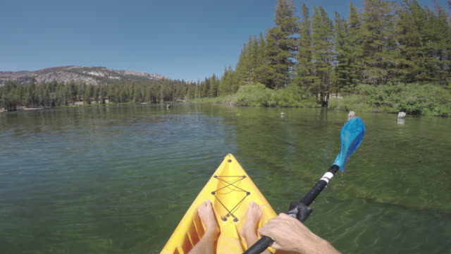 POV of two persons kayaking in a calm lake