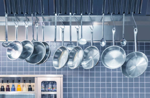 istock Industrial Kitchen - Pots and tools on shelves 901608412