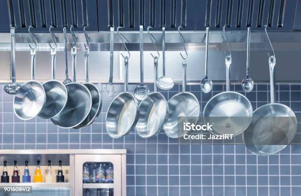 Industrial Kitchen Pots And Tools On Shelves Stock Photo - Download Image Now - Commercial Kitchen, Kitchen Utensil, Expertise
