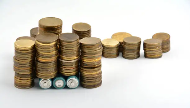 Photo of Three AAA batteries with coins isolated on white background