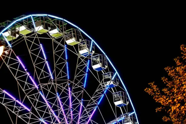 detail of a night-time panorama wheel lit by lights .