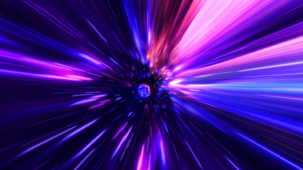 Interstellar, time travel and hyper jump in space. Flying through wormhole tunnel or abstract energy vortex. Singularity, gravitational waves and spacetime concept. stock photo