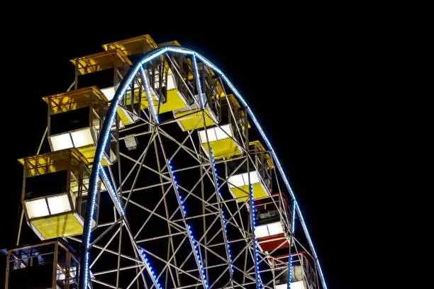 detail of a night-time panorama wheel lit by lights .