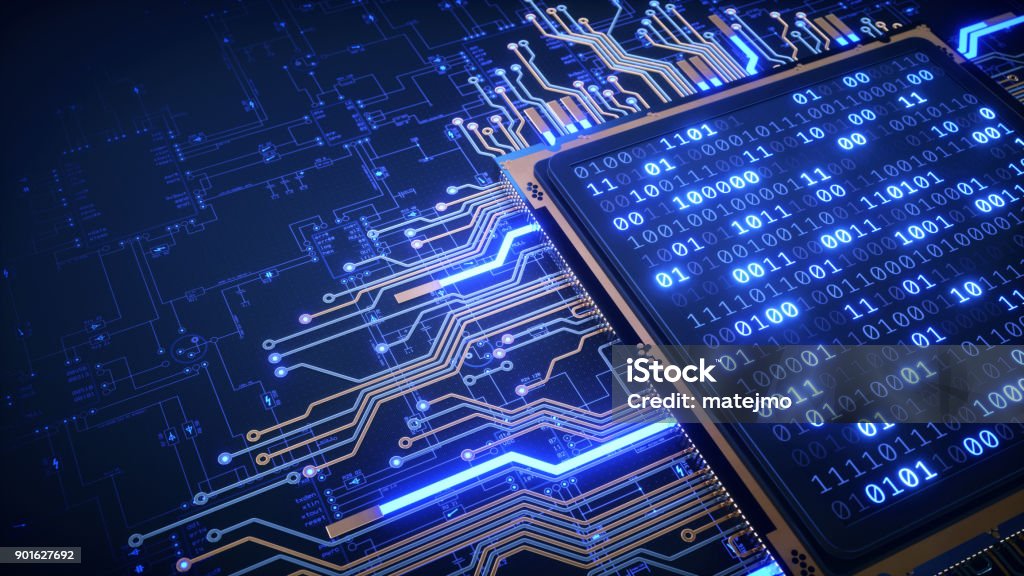 CPU mit Binärzahlen und Blueprint - Lizenzfrei Technologie Stock-Foto
