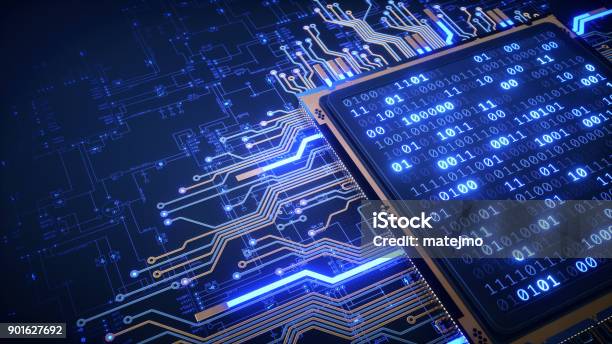 Cpu With Binary Numbers And Blueprint Stock Photo - Download Image Now - Technology, Order, Artificial Intelligence