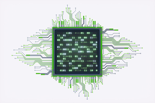Top view on a CPU with circuitry and binary numbers displayed on top of it. The scene is isolated on a pure white surface.\n\n