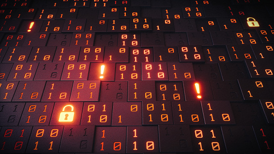 A close up on an artificial structure made out of cubes with glowing binary numbers, padlocks and exclamation marks.


