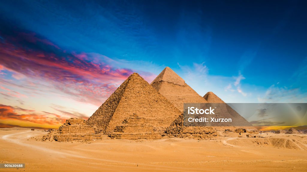 Great Pyramids of Giza Great Pyramids of Giza, Egypt, at sunset Egypt Stock Photo