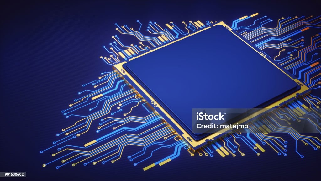 Plain Abstract CPU With Circuit A simple design of an artificial CPU with circuitry isolated on a dark blue surface.

 Circuit Board Stock Photo