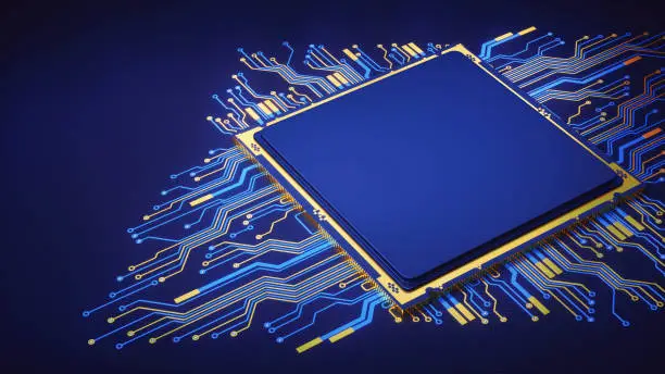 A simple design of an artificial CPU with circuitry isolated on a dark blue surface.

