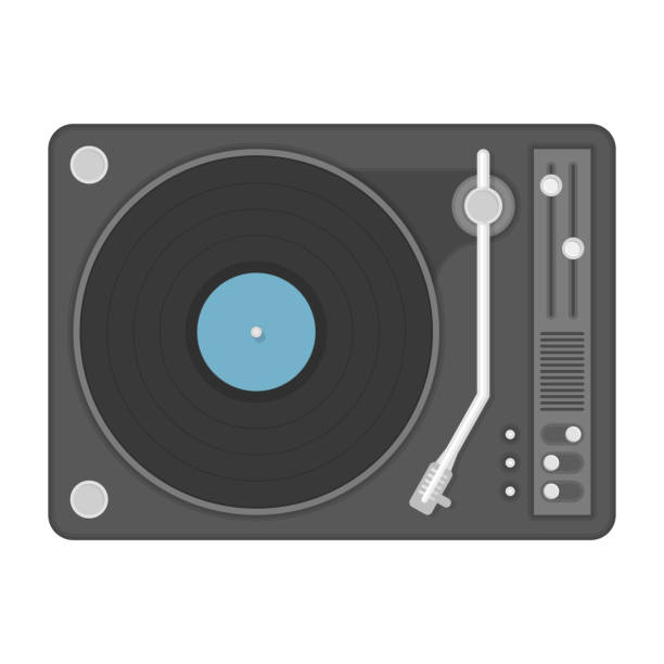 Vinyl player illustration. Vintage vinyl player with classic audio plastic disc. Old disco, gramophone isolated on white background. Vector illustration in modern flat style. EPS 10. dj decks stock illustrations