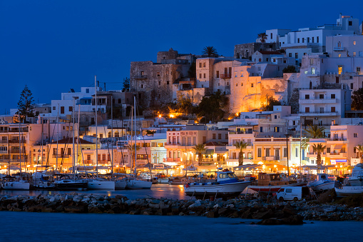 The Chora ('capital') of Naxos island at night, Aegean Sea, Cyclades, Greece, Europe, HDR image
