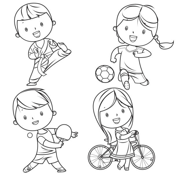 Kids sports characters drawing Vector kids sports characters drawing cycling bicycle pencil drawing cyclist stock illustrations